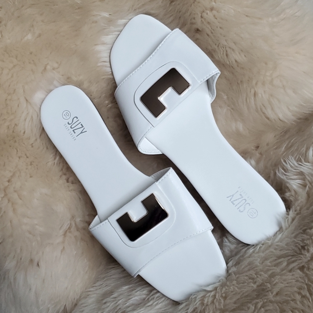 White Faux Leather Gold Accent Slide Sandals- Sz 10